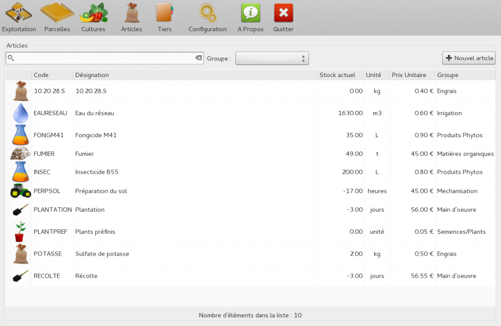 Catalogue des articles avec stock actuel et prix